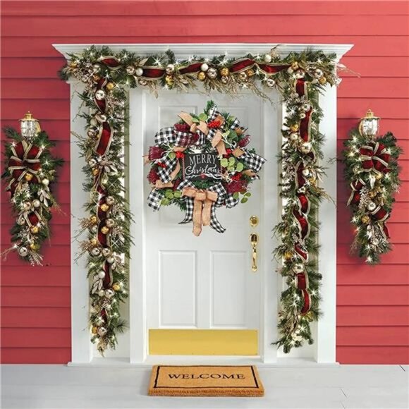 Christmas Buffalo Check Wreath, Outdoor Christmas Wreaths, Front Door Decoration - Picture 7 of 7